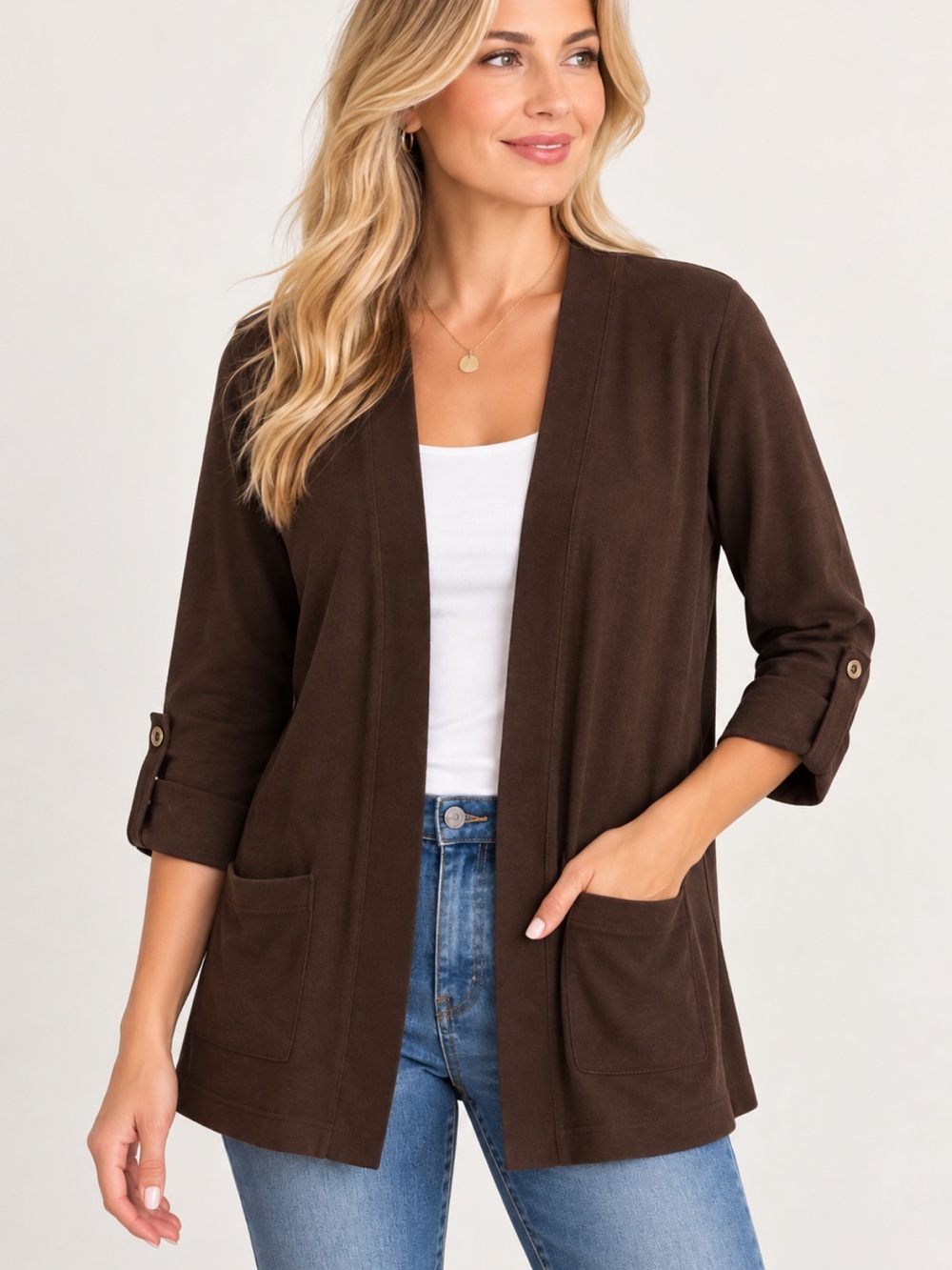 Karen Scott 100% Cotton Brown M Open Front Cardigan 3/4 Sleeve Pockets